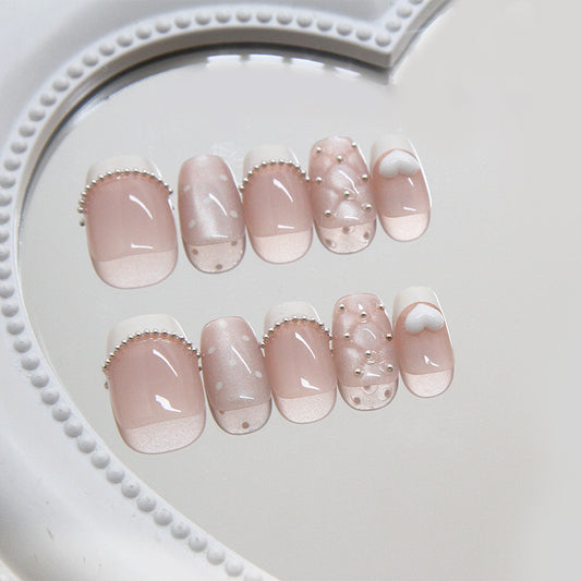 Romantic Elegance Long Square Pink Press On Nail Set with Shimmering Pearls and Whimsical Designs