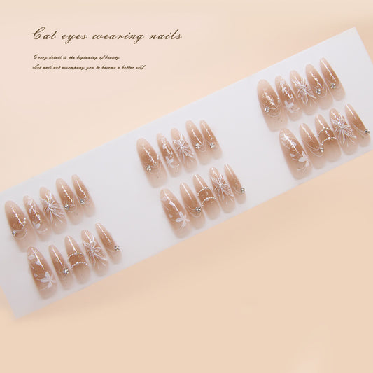 Mystical Elegance Long Almond Beige Press-On Nail Set with Shimmering Floral Accents