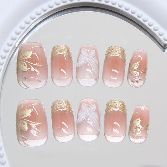 Whimsical Garden Short Square Blush Pink Press On Nails with Elegant Floral Art