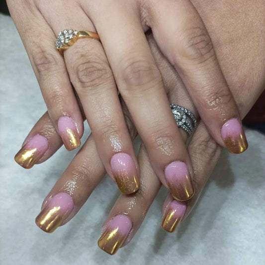 Sunset Ombr√© Medium Round Pink and Gold Glitter Press On Nail Set