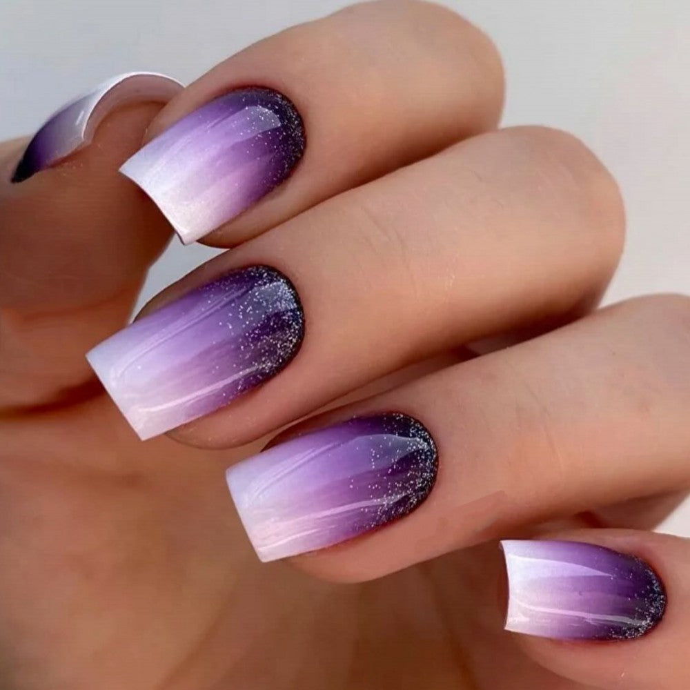 Galactic Glamour Medium Square Gradient Purple and White Press On Nail Set with Glitter Accents