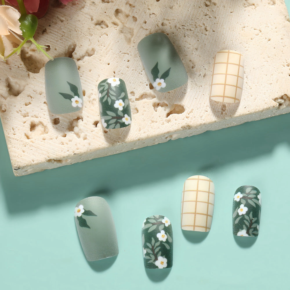 Spring Blossom Collection Long Oval Sage Green Floral Accent Matte Finish Press On Nail Set