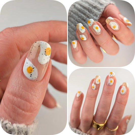 Sunny Side Up Breakfast Theme Medium Length Oval White Press-on Nails with Egg Yolk Design