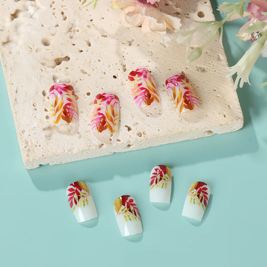 Tropical Bliss Long Square Floral Press On Nail Set in Pink White and Gold with Botanical Design Details