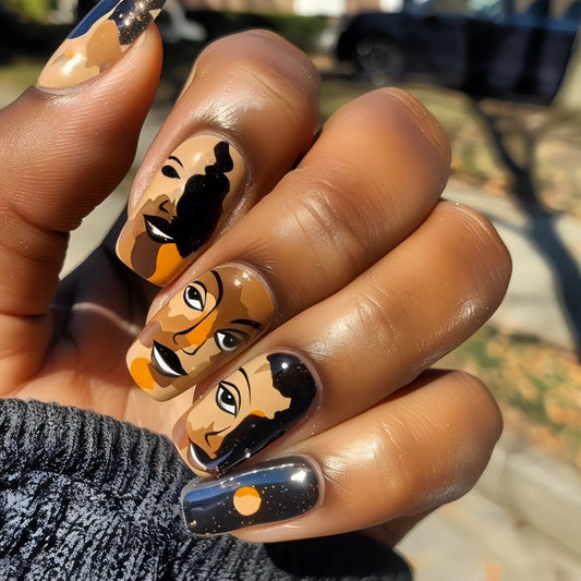 Artistic Galaxy Inspired Long Square Style Press On Nail Set in Warm Brown and Black with Unique Portrait Design