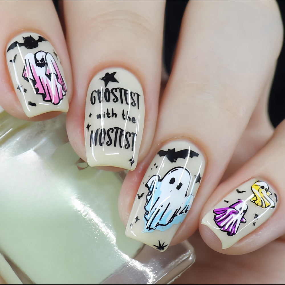 Spooky Spirit Press On Nail Set Medium Square Shape Cream Ghost and Bat Design