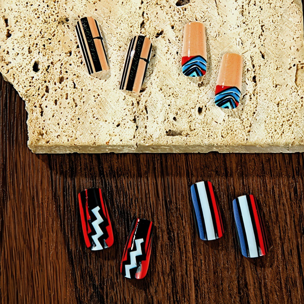 Bohemian Chic Colorful Long Square Press On Nail Set with Geometric Patterns