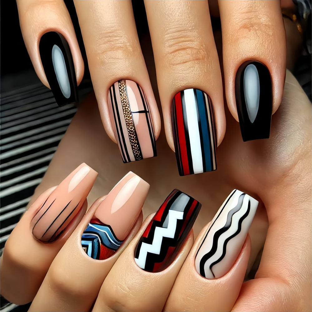 Bohemian Chic Long Square Slim Multicolored Press On Nail Set with Unique Geometric Patterns