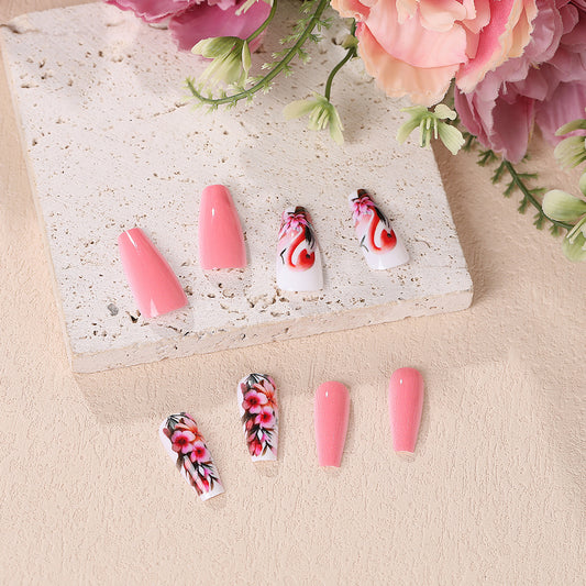 Floral Fantasy Long Coffin Shape Pink and White Press On Nail Set with Elegant Flower Art Designs