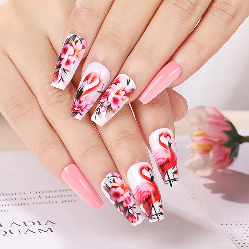 Tropical Paradise Long Coffin Pink and White Floral Flamingo Press On Nail Set