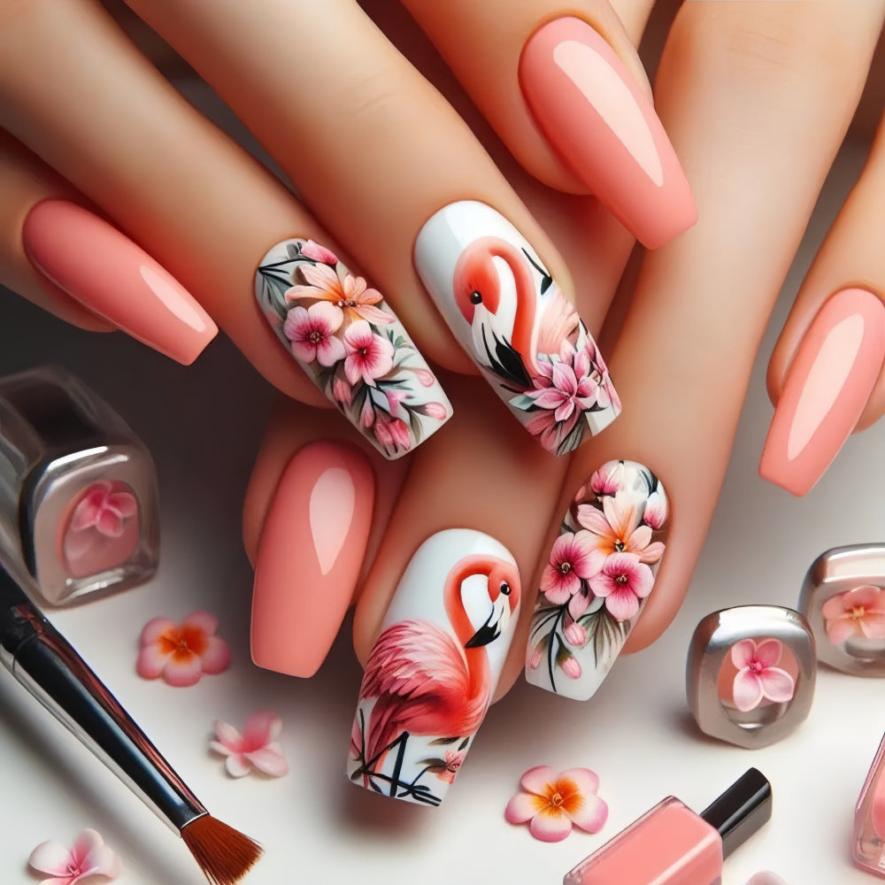 Tropical Paradise Long Coffin Pink Press On Nail Set with Flamingo and Floral Designs