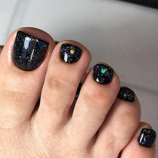 Galactic Stardust Elegant Square Black Glitter Press On Short Nail Set Short Collection