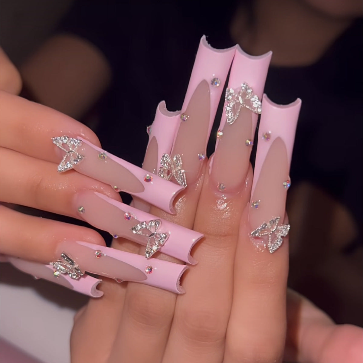 Chic Butterfly Paradise Long Square Pink Press On Nails with Rhinestone Embellishments