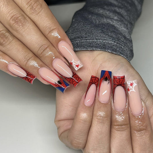 Spider-Man Inspired Extra Long Square Blue Red and Beige Press On Nail Set with Detailed Web and Spider Design