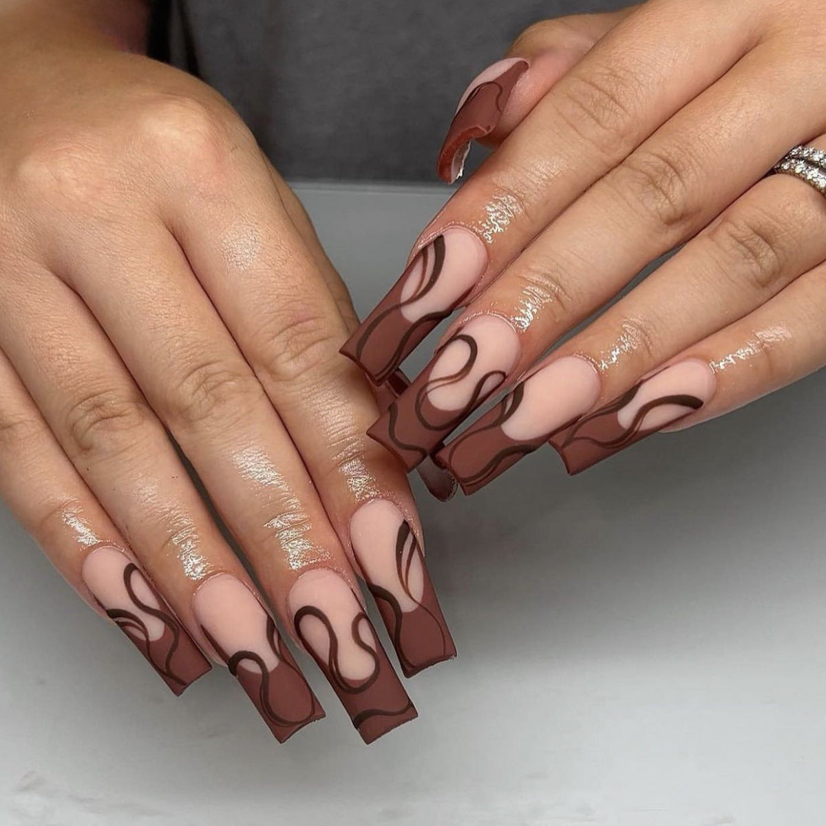 Chocolate Delight Long Square Brown Press On Nail Set with Unique Swirl Design