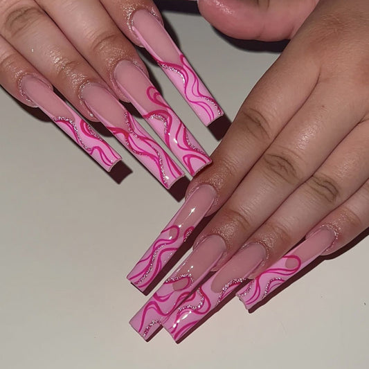 Chic Pink Mermaid Inspired Long Square Press On Nail Set with Glossy Finish and Wavy Design