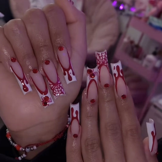 Spooky Glam Long Square Press On Nail Set Red and White with Spiderweb and Blood Drip Design