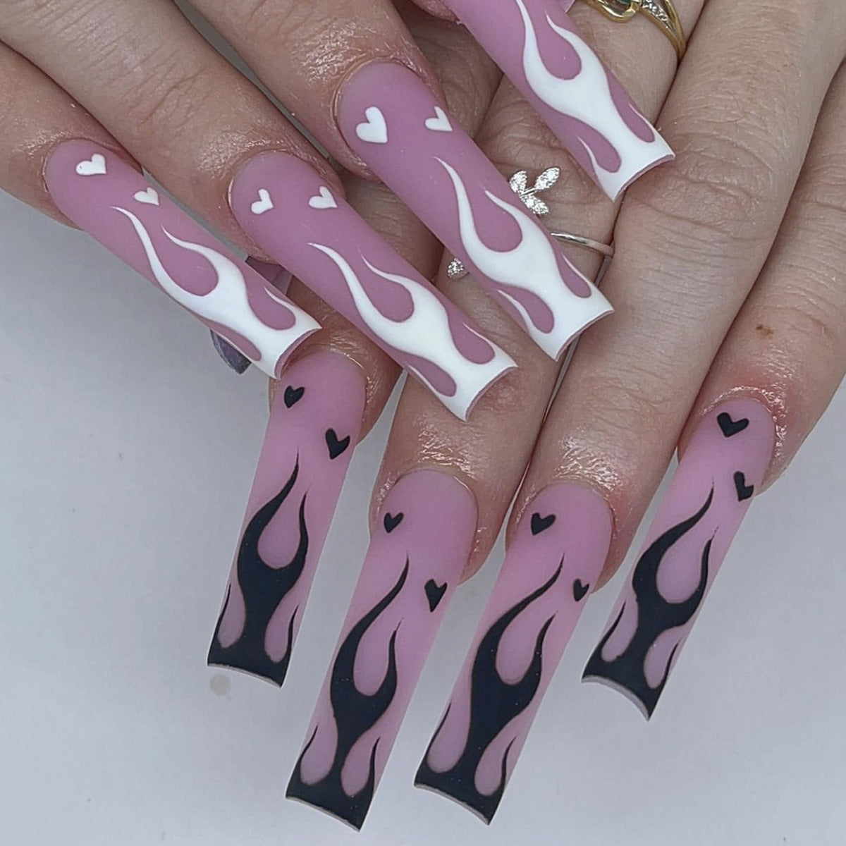 Flaming Heart Vibes Extra Long Square Matte Pink Press On Nail Set with Cool Flame Design and Sweetheart Accents