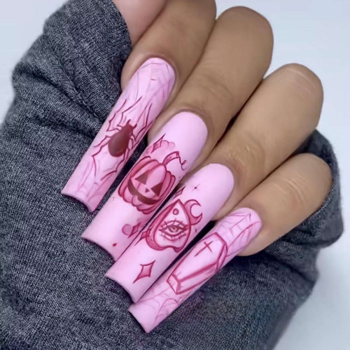 Halloween Horror Long Square Pink Press On Nail Set with Creepy Designs