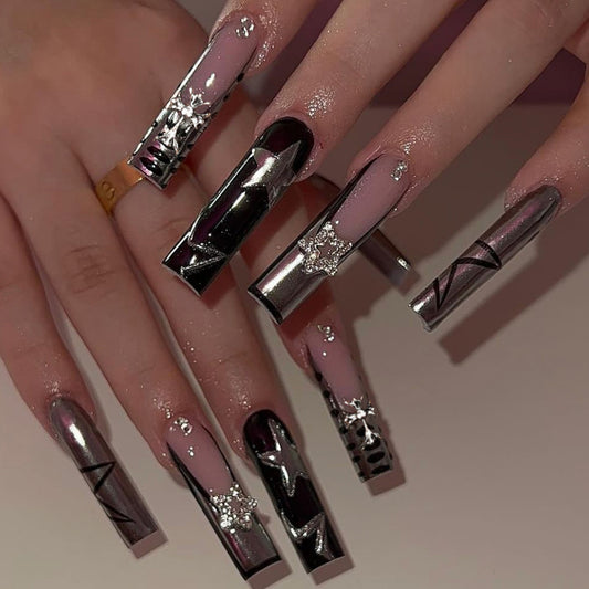 Glamorous Starry Night Long Square Black and Silver Press On Nail Set with Stunning Metallic Accents