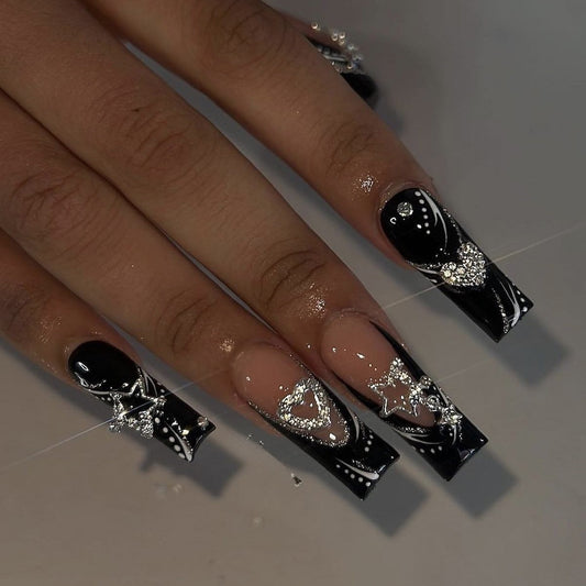 Glamorous Starry Night Long Square Black and Clear Press On Nail Set with Sparkling Gem Accents