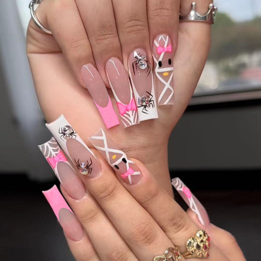 Spooky Gothic Long Square Pink and White Press On Nail Set with Rhinestones and Spider Accents