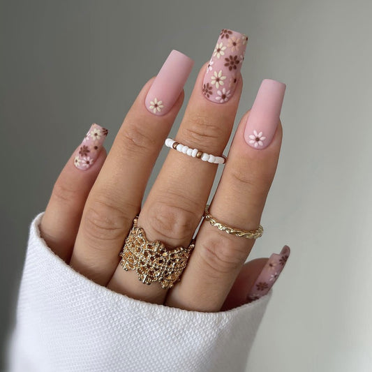 Floral Garden Extra Long Square Pink Press On Nail Set with Elegant Flower Accents