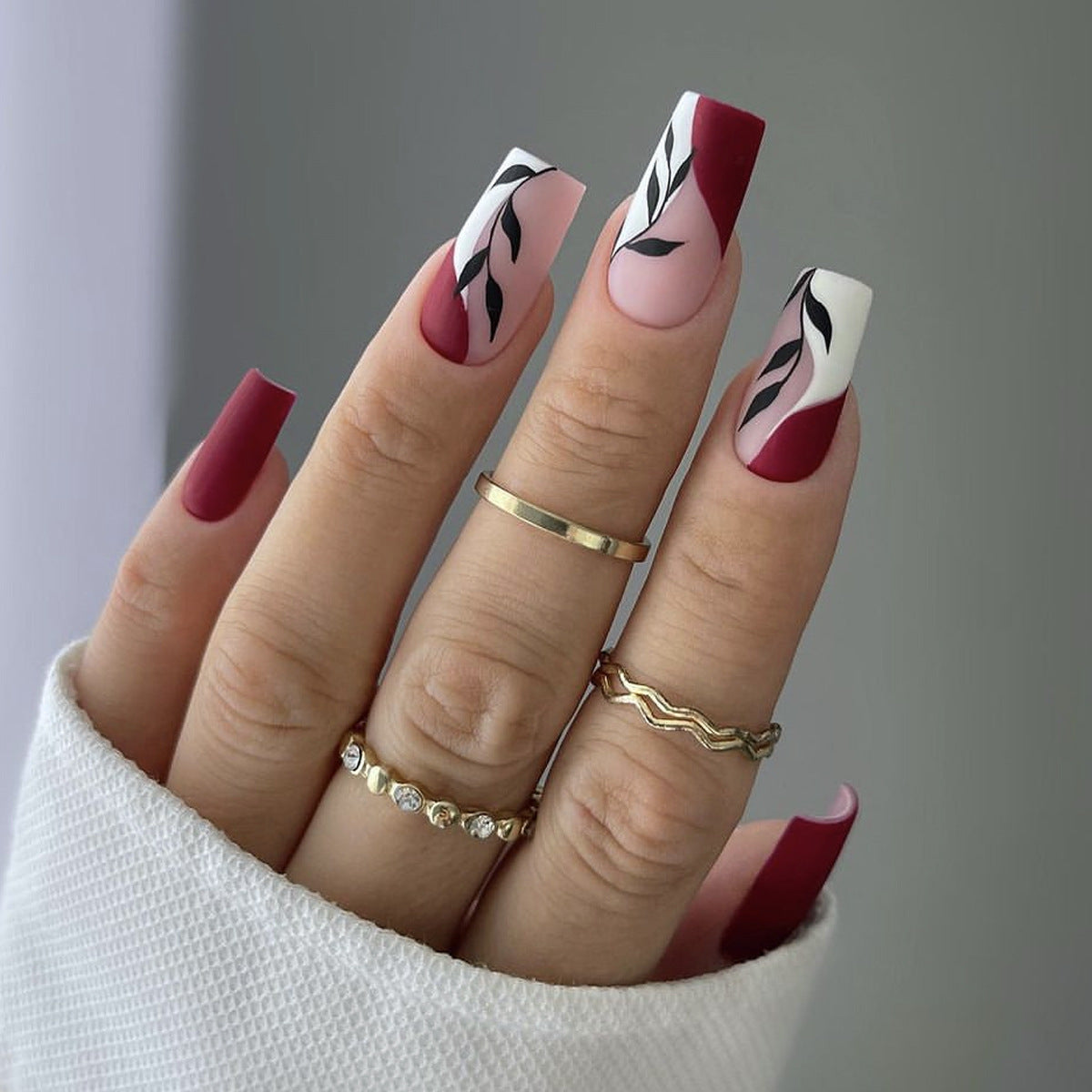 Botanical Elegance Long Square Burgundy and Pink Press On Nail Set with Leaf Design