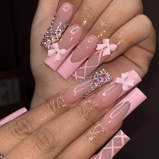 Sweet Romance Extra Long Square Pink Press On Nail Set with Rhinestones and Bow Accents