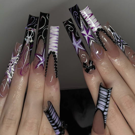 Gothic Glam Long Square Press On Nails Black Purple and White with Intricate Star and Spider Designs