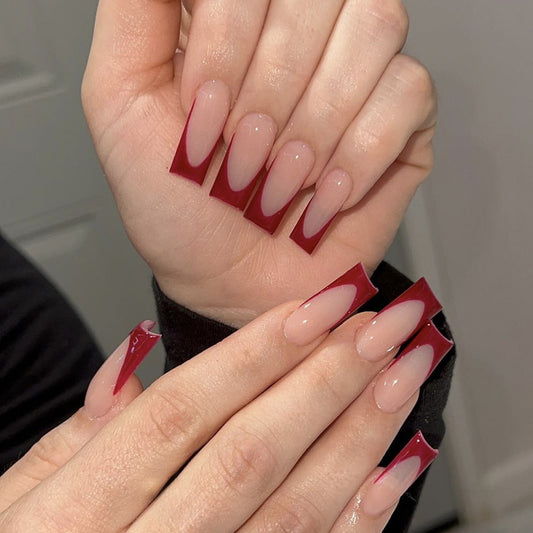 Chic Elegance Long Square Red and Beige Press On Nail Set with Unique Two-Tone Design