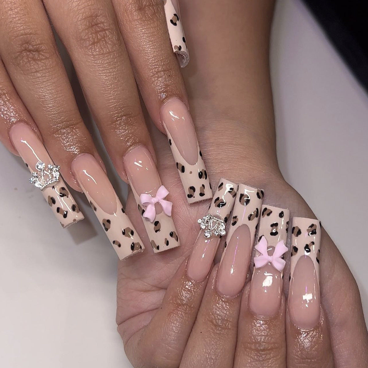 Wild Safari Long Square Pink Leopard Print Press On Nail Set with Rhinestone and Bow Accents