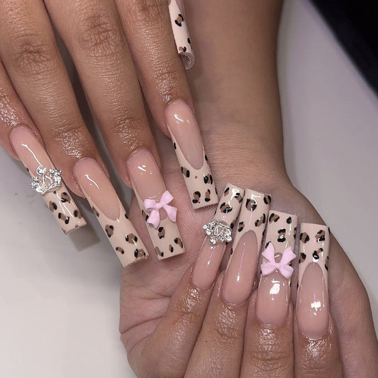 Wild Safari Long Square Pink Leopard Print Press On Nail Set with Rhinestone and Bow Accents