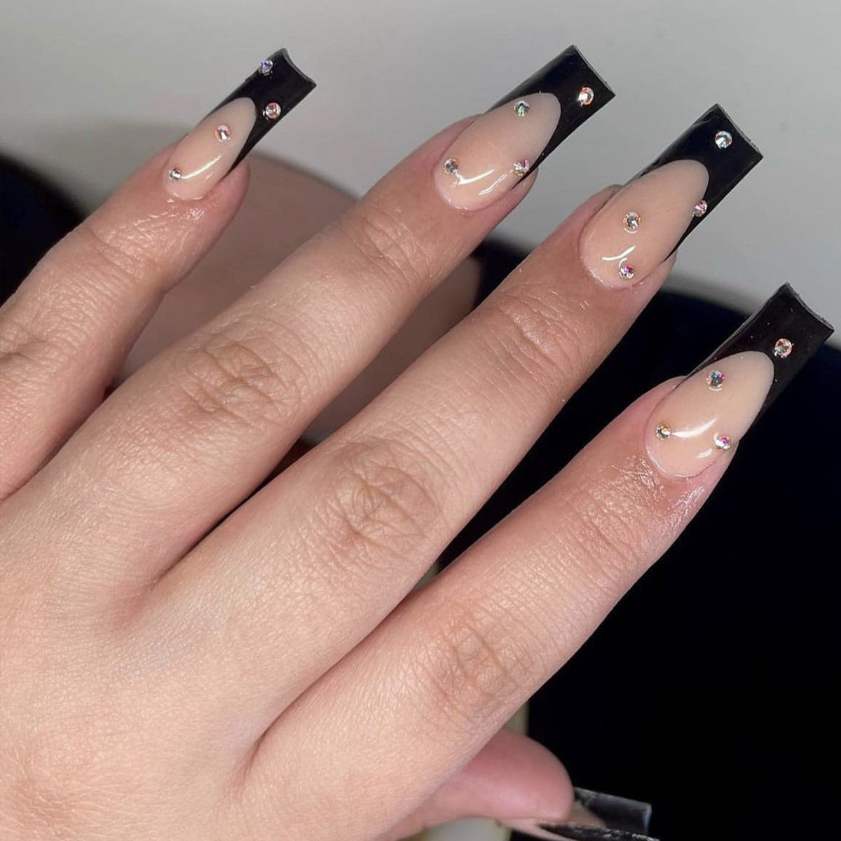 Glamorous Evening Elegance Long Square Black and Beige Press On Nail Set with Rhinestone Accents