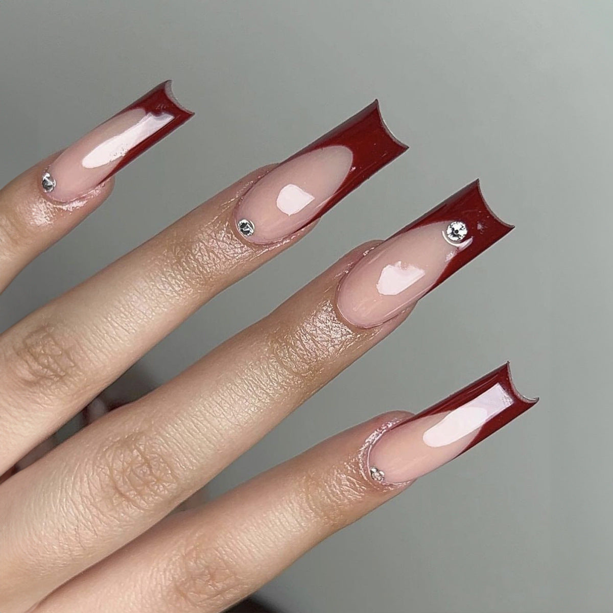 Gothic Elegance Long Square Red and Beige Press On Nail Set with Rhinestone Accent