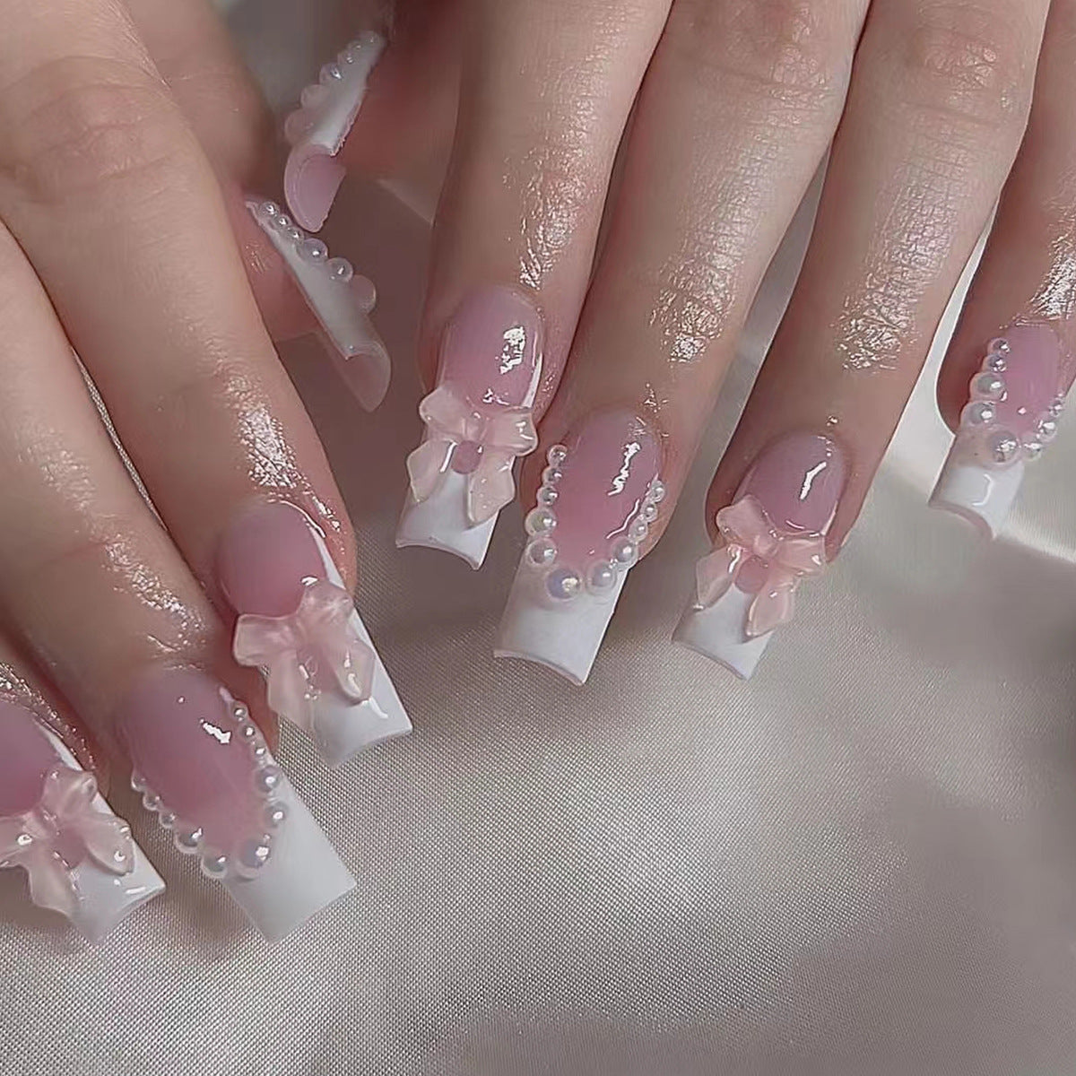 Charming Elegance Long Square Pink and White Press On Nail Set with Glittering Bows and Pearls