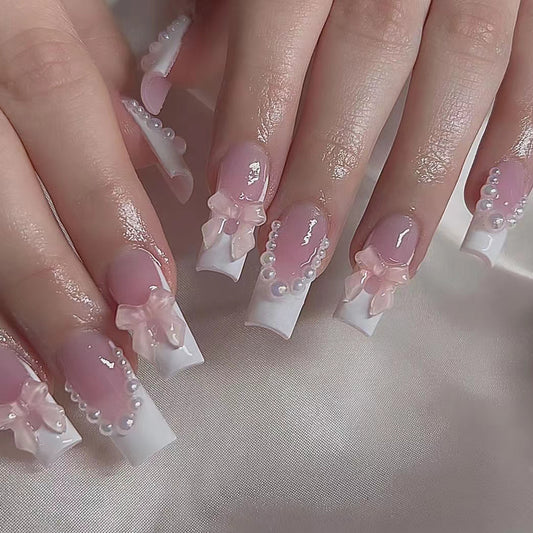 Charming Elegance Long Square Pink and White Press On Nail Set with Glittering Bows and Pearls