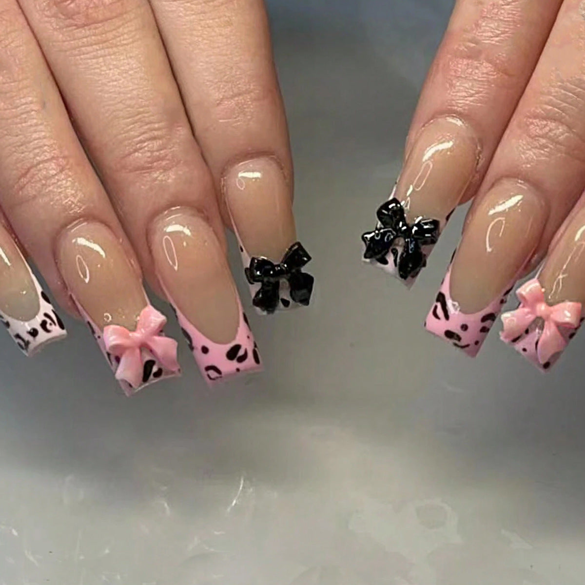 Chic Bowtiful Charm Long Square Pink and Black Press On Nail Set with 3D Bow Accents