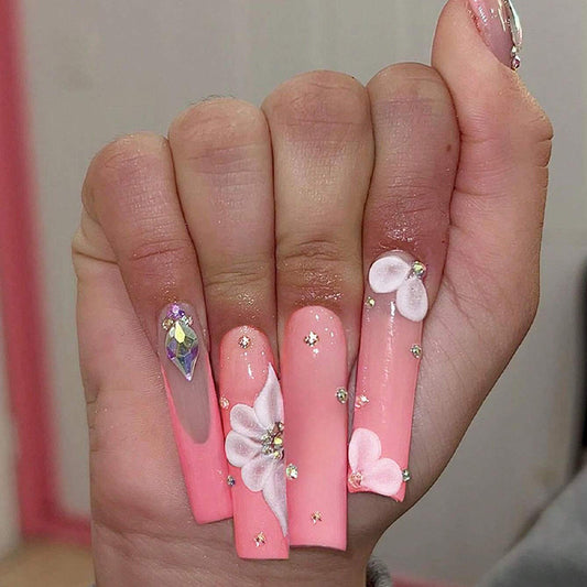 Floral Dream Extra Long Square Press On Nail Set in Pastel Pink with 3D Flower and Gemstone Accents