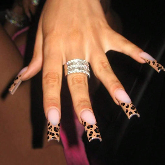 Wild Safari Long Square Press On Nails in Beige with Leopard Print and Glossy Finish