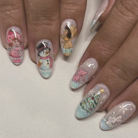 Winter Wonderland Long Almond Shaped Pastel Pink Press On Nail Set with Whimsical Holiday Character Designs