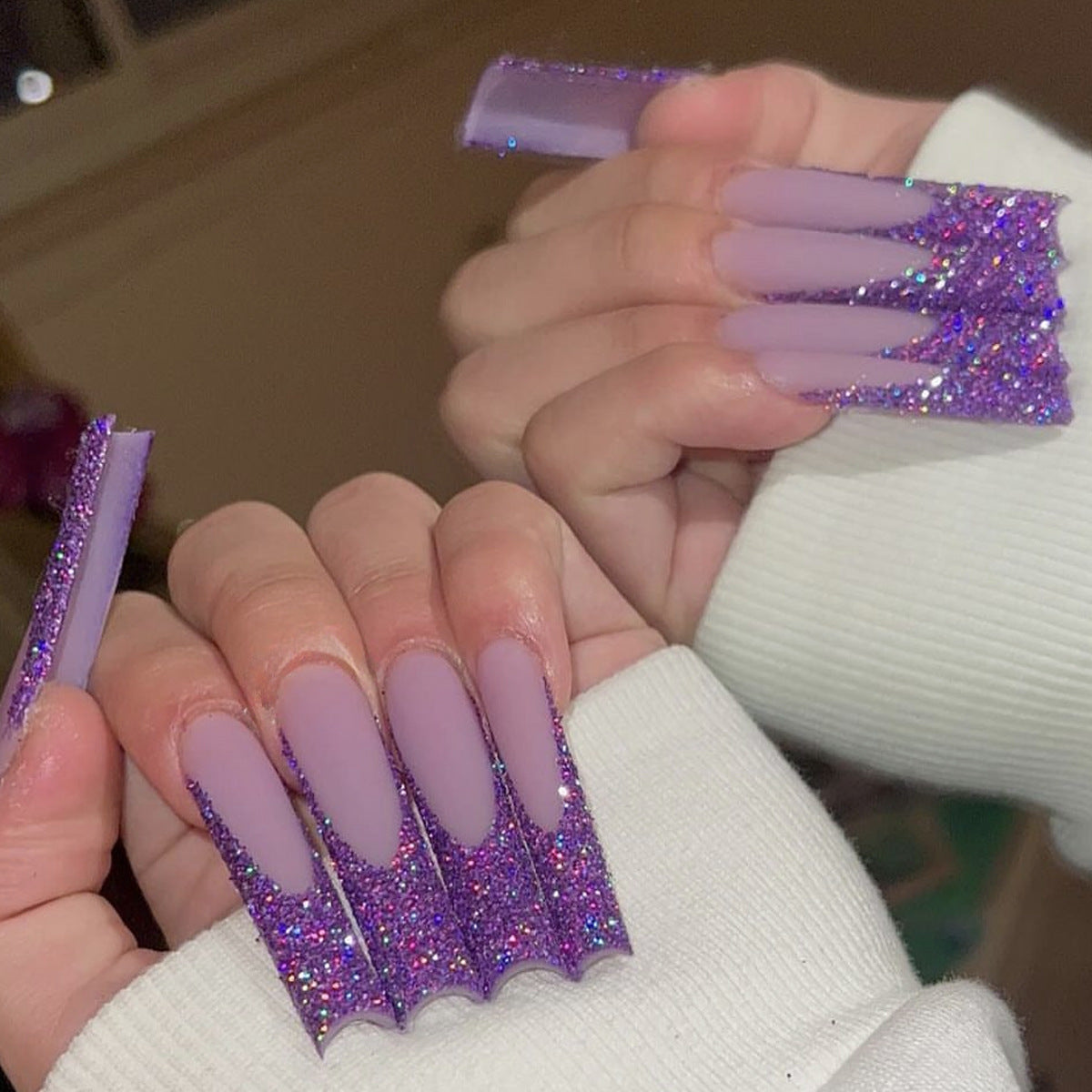 Mystical Dreams Long Square Purple Glitter Press On Nail Set with Unique Wavy Tips