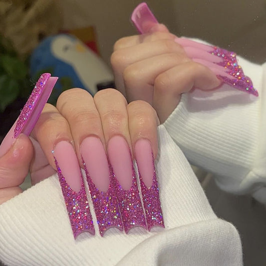 Sparkling Dreams Long Square Pink Glitter Press On Nail Set