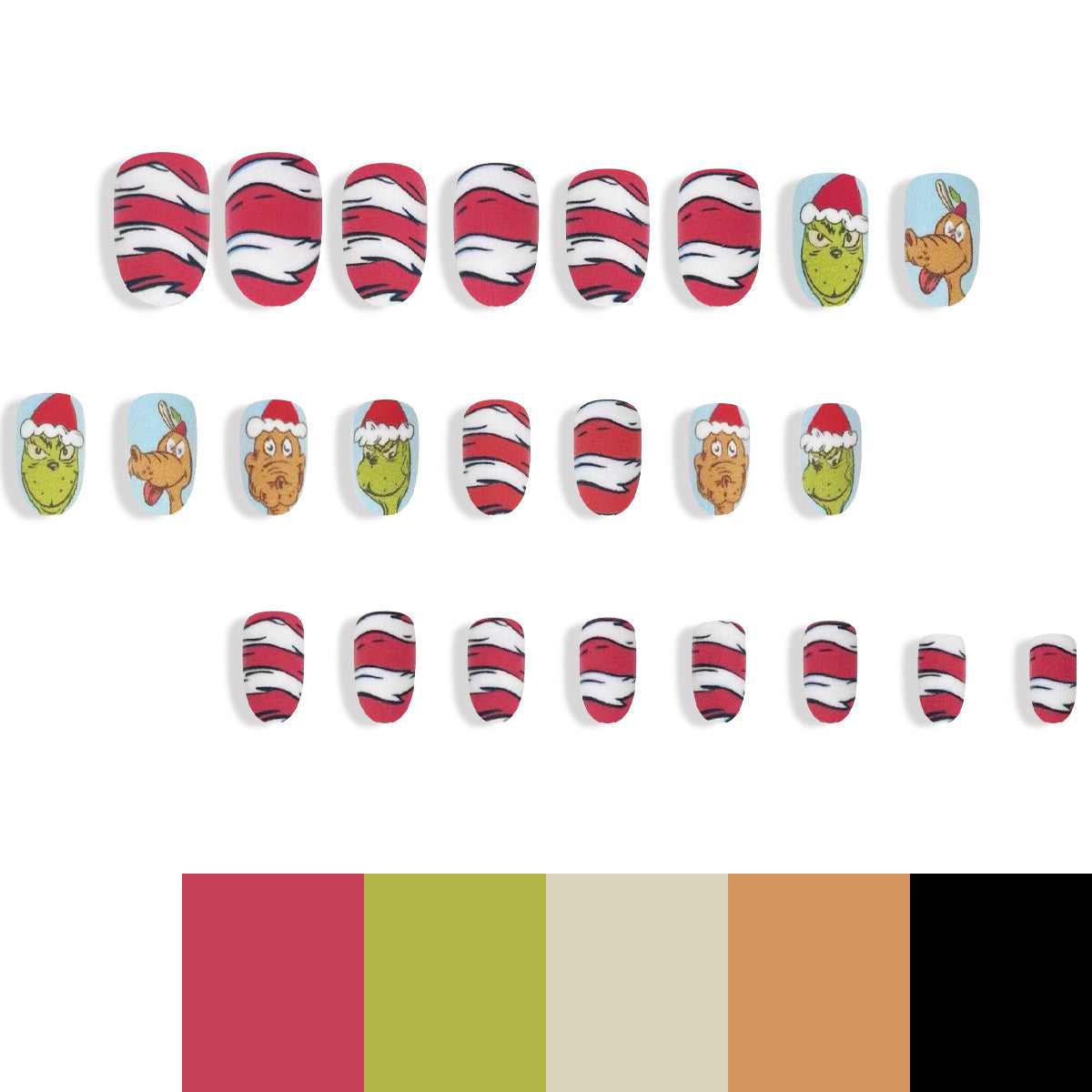 Whimsical Holiday Cheer Medium Almond Press On Nail Set in Red Green White Featuring Festive Grinch Designs