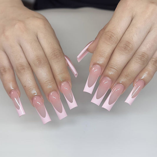 Chic Blossom Long Square Pink Gradient Press On Nail Set with Glossy Finish