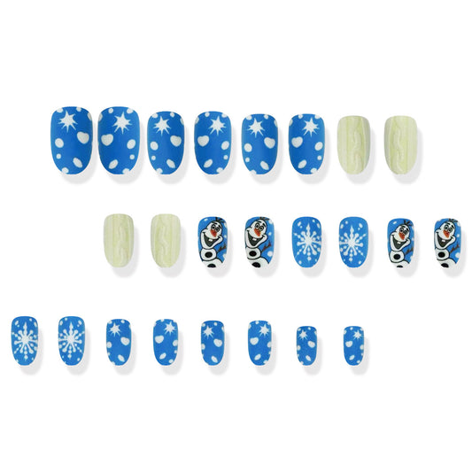 Winter Wonderland Blue Oval Press On Medium Nail Set with Olaf Design and Sparkling Snowflake Accents