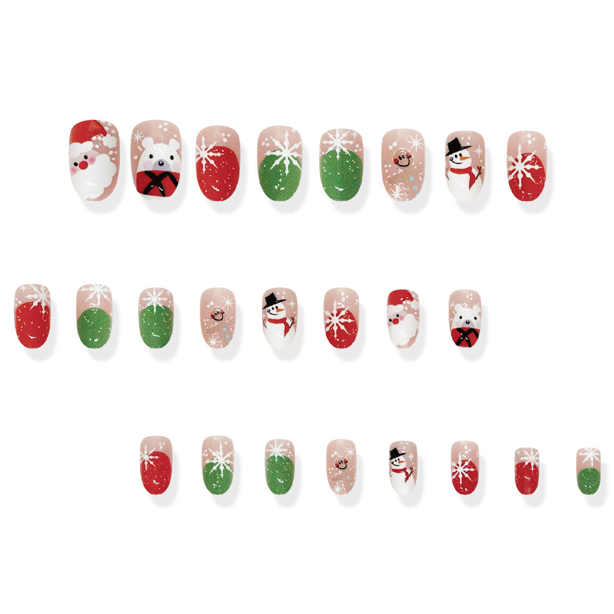 Festive Holiday Cheer Press On Nail Set Medium Round Green Red and White with Cute Snowman and Santa Designs