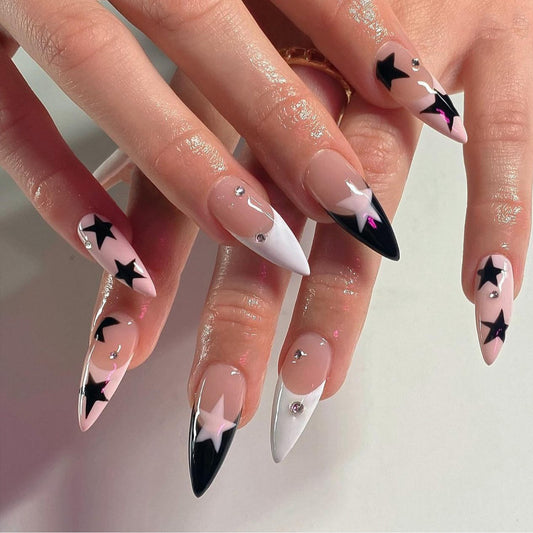 Celestial Chic Long Stiletto Press On Nail Set in Pink White and Black with Star Accents and Rhinestones