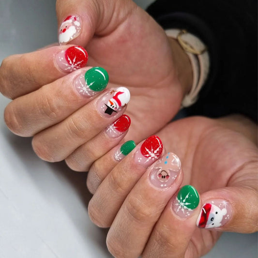 Festive Winter Wonderland Medium Round Red Green and White Press On Nail Set with Cute Holiday Character Designs