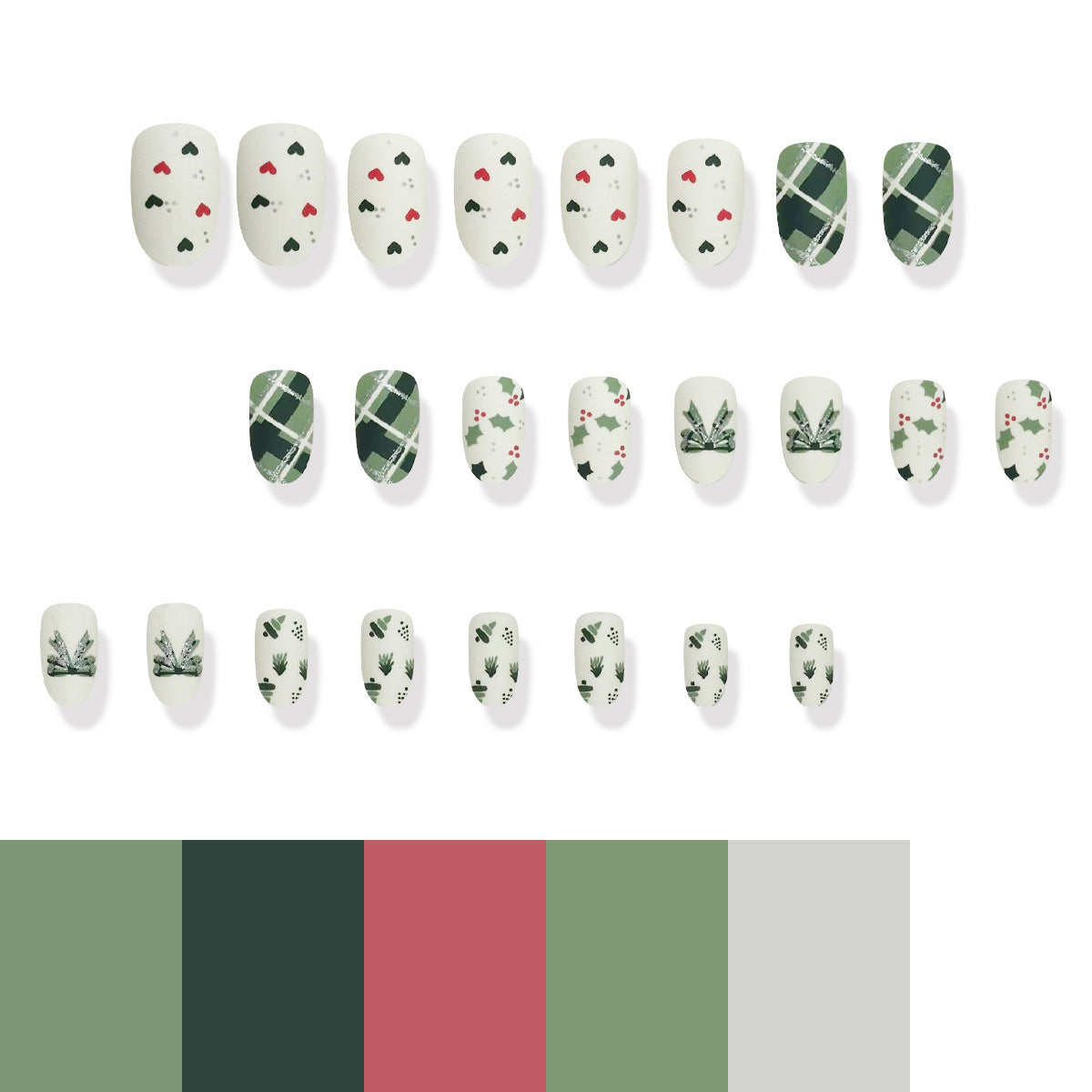 Festive Holiday Charm Almond Shaped Press On Long Nail Set in Green and Red with Heart and Plant Designs